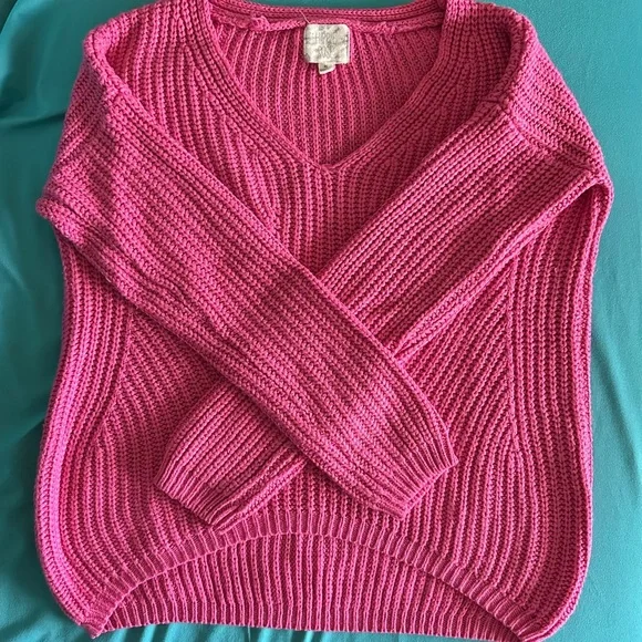 Hippie Rose Bright Hot Pink Knit V-Neck Sweater - Picture 7 of 8